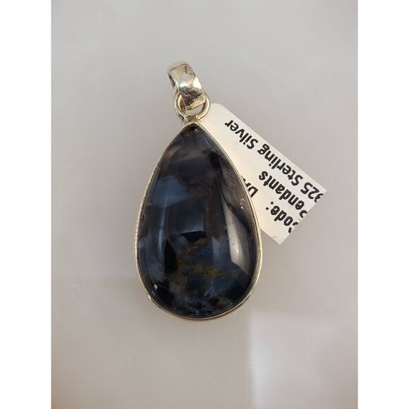 Sterling Silver Pietersite Pendant Teardrop Gemstone 925 Swirling Blue & Gold - Picture 2 of 6